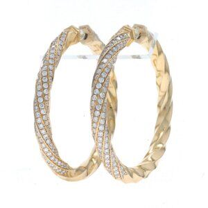David Yurman 1.5in Cable Edge Diamond Hoop Earrings Yellow Gold 18k Rd 1.84ctw